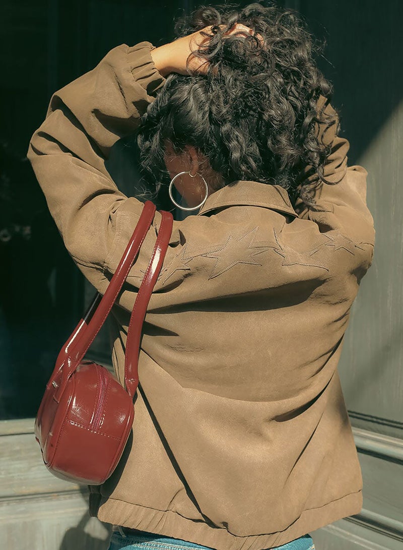 In Your Shoe Brown Embroidered Oversized Leather Jacket - Image 3